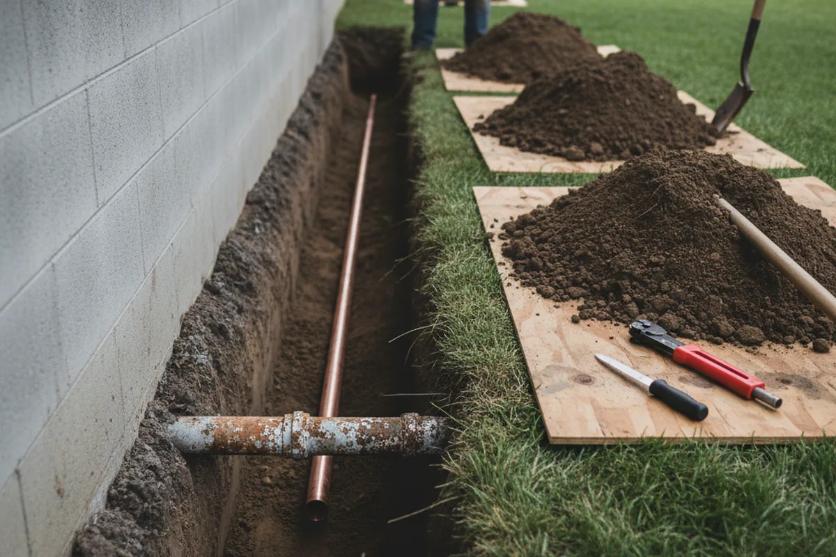 Excavated water line trench during Sewer Line Repair in Yale
